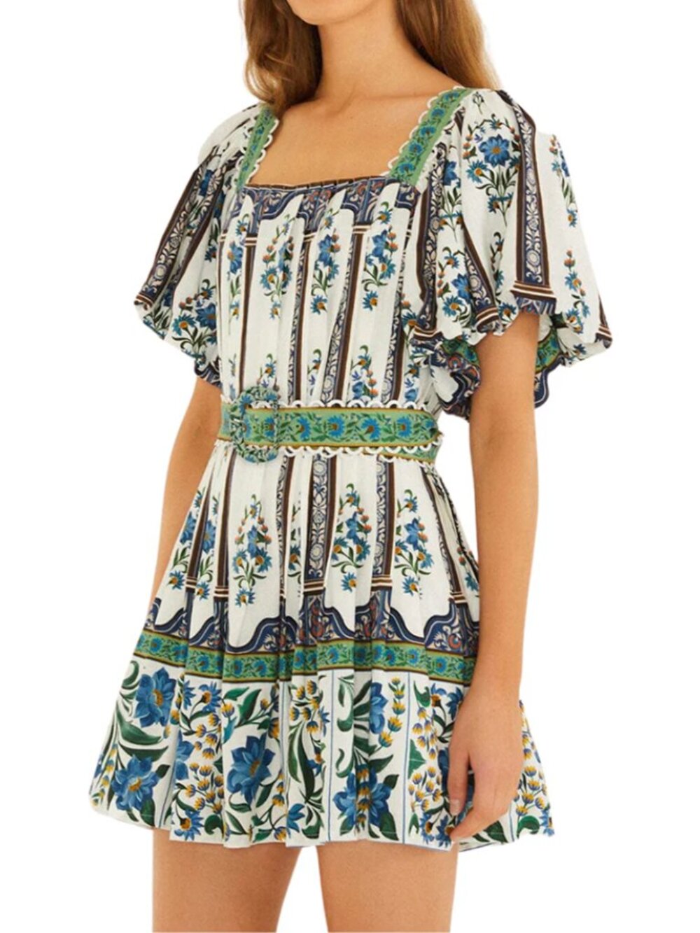 Farm Rio Manoela Puff-Sleeve Mini Belt Dress